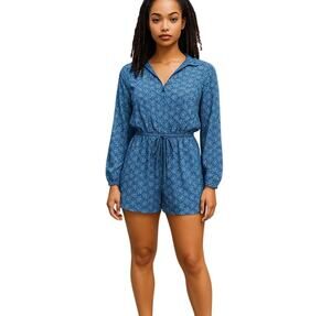 Gap Ditsy Floral Blue Romper Dress Shorts Easy Care Rayon Elastic Pockets M